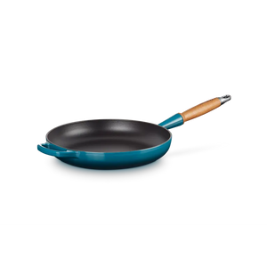 Le Creuset Signature Cast Iron Deep Teal 28cm Frying Pan with Wooden Handle
