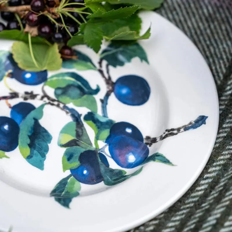 Round ceramic plate with blueberry design on a white background