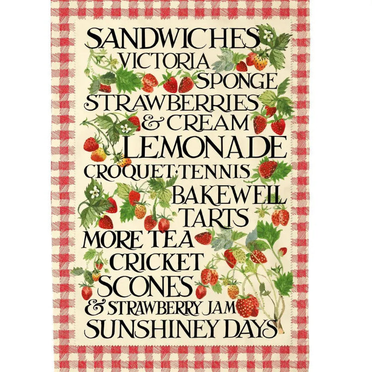 Textual list of British treats on a red and white checkered background