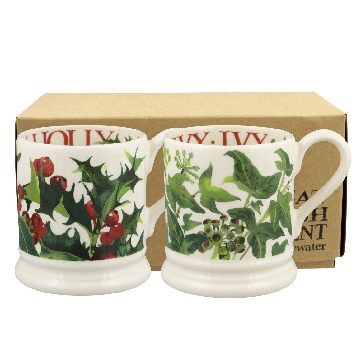 Emma Bridgewater Flowers Holly & Ivy Set of 2 Half Pint Mugs - Sale