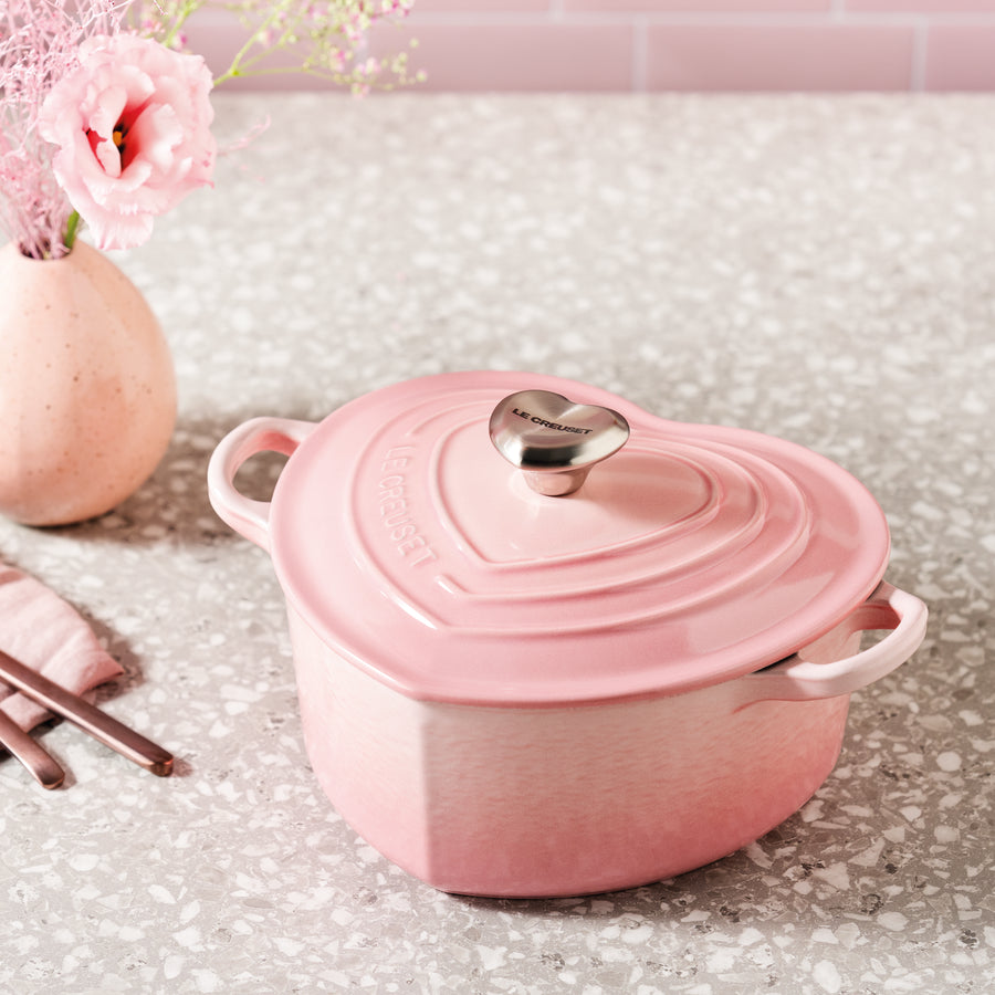 Le Creuset Cast Iron Heart Casserole with Stainless Steel Heart Knob Shell Pink