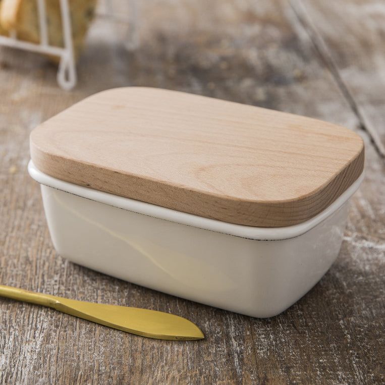 Garden Trading Enamel Warm White Butter Dish & Wood Lid