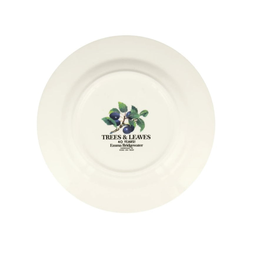 Round ceramic plate with blueberry design on a white background