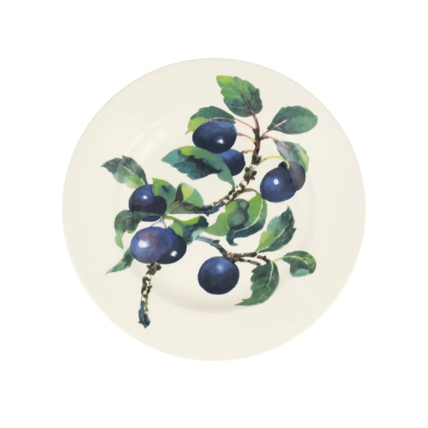 Round ceramic plate with blueberry design on a white background
