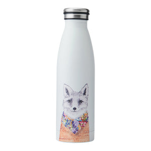 White water bottle with a fox design on a white background