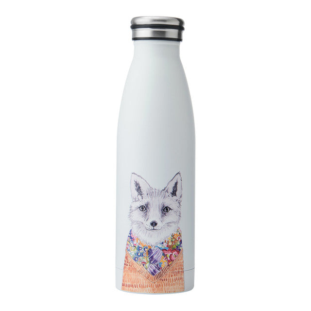 White water bottle with a fox design on a white background