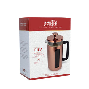 La Cafétére Pisa café press packaging with copper finish on a white background