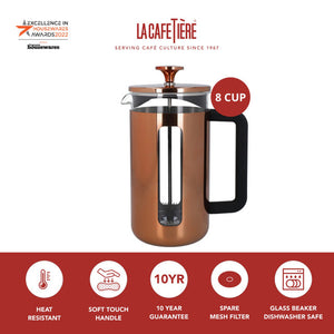 Copper French press coffee maker with black handle on a white background, featuring La Cafétière branding.