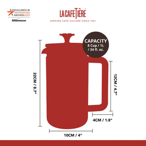 Red coffee press with dimensions and capacity details on a white background, featuring La Cafétière branding.