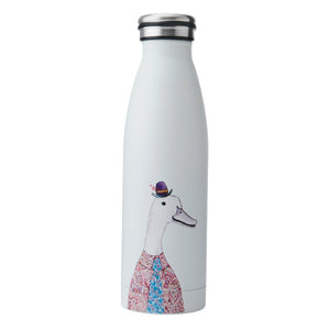 White water bottle with a decorative duck design on a white background
