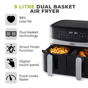 Tower 9 Litre Dual  Basket Air Fryer with Smart Finish