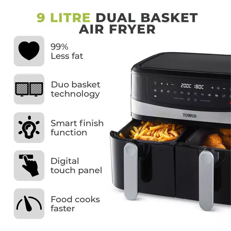 Tower 9 Litre Dual Basket Air Fryer with Smart Finish - Abraxas Cookshop