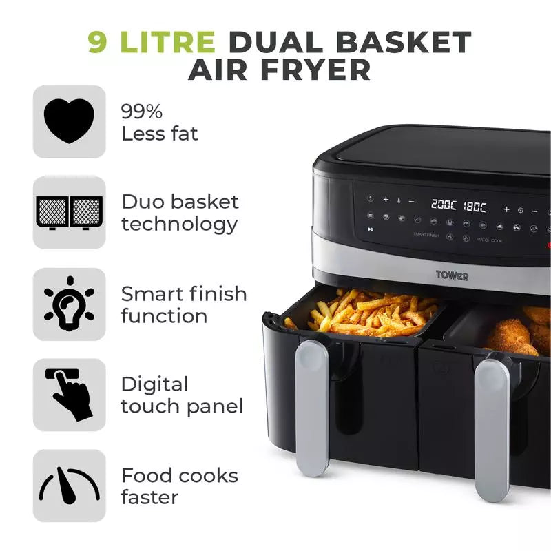 Tower 9 Litre Dual  Basket Air Fryer with Smart Finish