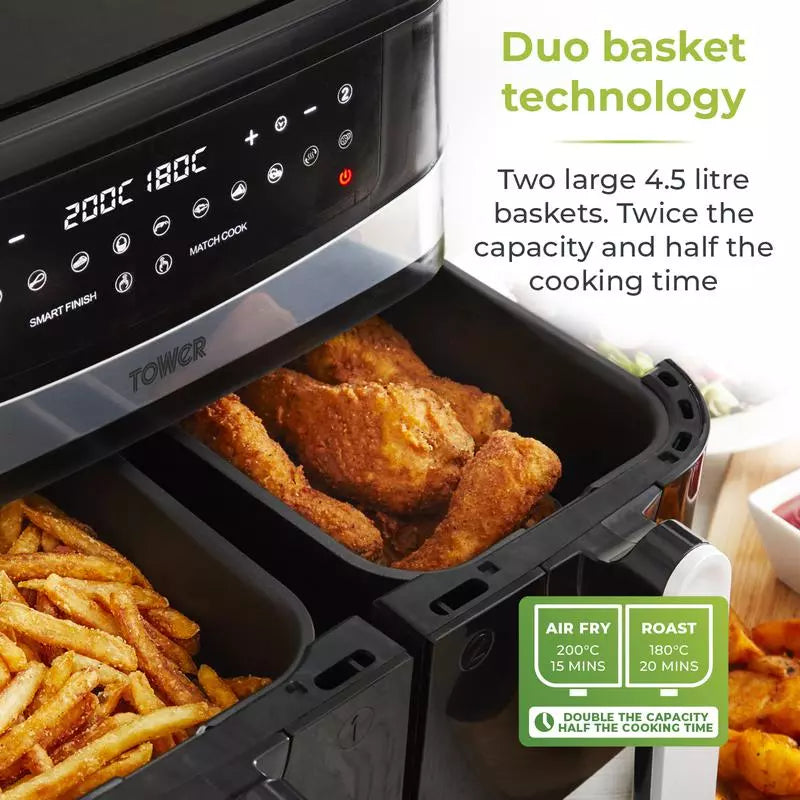 Tower 9 Litre Dual Basket Air Fryer with Smart Finish - Abraxas Cookshop