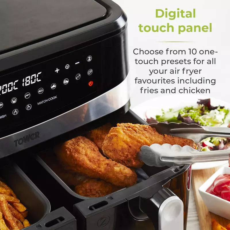 Tower 9 Litre Dual Basket Air Fryer with Smart Finish - Abraxas Cookshop